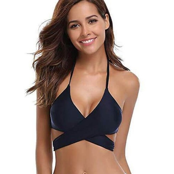 Tropical Palms Navy Halter Cross Wrap Bikini Set - Picture 5 of 8
